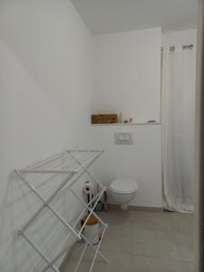 Un baño blanco con inodoro y ducha. en Studio cabine Stella Plage, en Cucq 7 fotos más