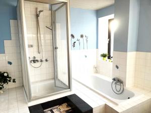 a bathroom with a shower and a tub and a shower at Ferienwohnung Rehblick in Reken - Ruhe & Erholung pur! in Reken +19 photos