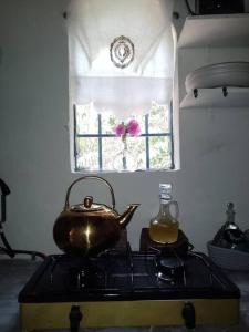 une bouilloire sur une cuisinière avec une fenêtre dans l'établissement If you enjoy nature, La Antigua is the place, à Leona Vicario 8 autres photos