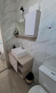 a bathroom with a sink and a mirror and a toilet at Apartamento Central in Artur Nogueira