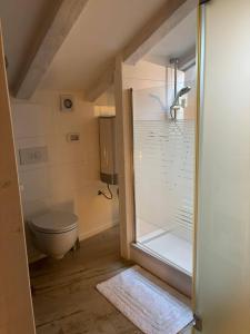 a bathroom with a toilet and a glass shower door at Studios OneThreeFive in Rovinj +47 photos