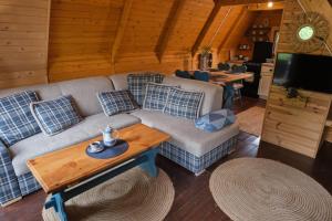 a living room with a couch and a table at Bieszczadzka Samotnia in Cisna