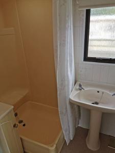 a bathroom with a sink and a shower curtain at 3 Bedroom Caravan in Rural area - Tennyson in Porchfield