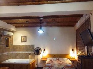 a bedroom with a bed and a tub and a fan at Apart Cabañas Altos de Vaquerias in Valle Hermoso