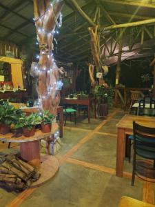 une salle à manger avec des tables, des chaises et un arbre dans l'établissement Guapote Lodge, à Tigra