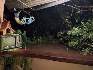 an old television sitting on a rail in a garden at Guapote Lodge in Tigra