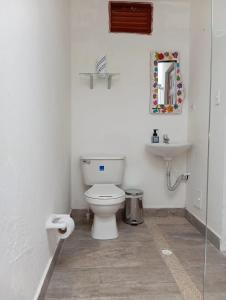 a white bathroom with a toilet and a sink at Cabaña Cueva del Zorro in Ráquira +46 photos
