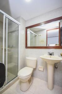 y baño con aseo, lavabo y ducha. en Hotel Estadio Real, en Medellín
