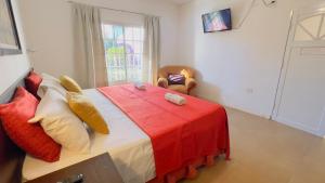 a bedroom with a bed with a red blanket and a chair at G6 Monoambiente King con Cochera en Villa Ángela in Villa Ángela