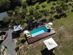 an overhead view of a swimming pool with umbrellas at Sunny Side Fruska Gora- apartman A in Velika Remeta