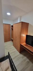 an empty room with a tv and wooden cabinets at Pension Wolfi in Gersdorf