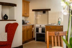 eine Küche mit Holzschränken und einem Herd mit Backofen in der Unterkunft Watermouth Castle, South Court Apartment in Ilfracombe