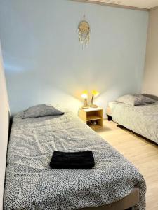 - une chambre avec 2 lits et une table de nuit avec 2 lampes dans l'établissement Villa Les Ruches - Piscine & Clim, à Bras 24 autres photos