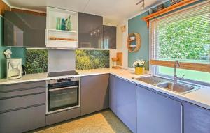 a kitchen with blue cabinets and a sink and a window at Nice Home In Klokkarstua With Wifi in Ustad
