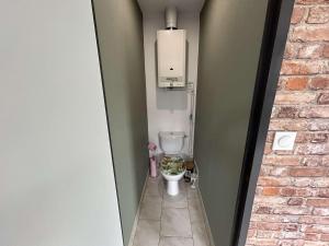 a small bathroom with a toilet with a flower pot at Maison proche des plages du DDay in Houesville