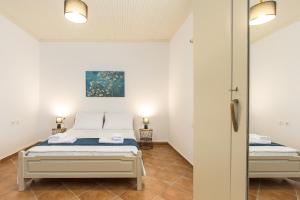a bedroom with a bed and two tables at Manolis Stone House Villa in Mouríon
