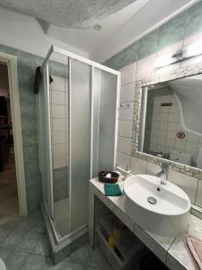 a bathroom with a sink and a shower at Soyzana heavenly home in Néa Kerasiá +31 photos