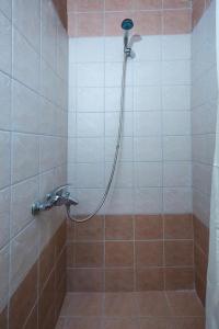 a shower with a hose in a tiled bathroom at Manolis Stone House Villa in Mouríon +15 photos