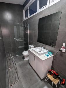 a bathroom with a sink and a toilet and a mirror at Creek to Beach in Apollo Bay +38 photos