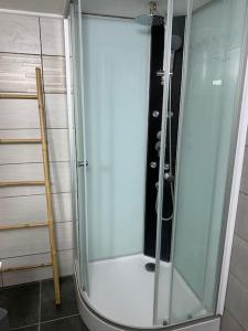 una doccia con una porta in vetro in un bagno di La Roteirolle a Réotier