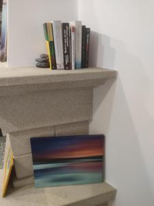 a bunch of books sitting on a shelf at Apartamentos Faxilda in Sanxenxo