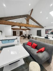 a living room with a gray couch and red pillows at Douceur et détente Balneo in Clermont-lʼHérault +50 photos