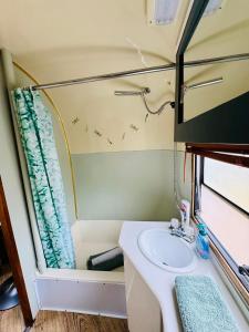 un bagno con lavandino e specchio di WildView Cosy Glamping with Outdoor Bath and stunning scenery a Helston