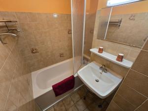 a bathroom with a sink and a shower and a tub at Hotel et centre de vacances Le Choucas in Sixt +19 photos