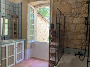 a bathroom with a shower and a sink and a window at Château de Monsac in Monsac