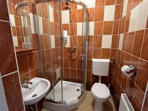 łazienka z prysznicem, toaletą i umywalką w obiekcie König Hotel w mieście Pecz +17 zdjęć