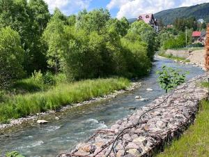 a river with a stone wall next to a field at Cozy Riverfront Apartments with garden and mountain view in Buşteni
