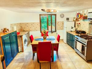 a kitchen with a table and red chairs in it at Casa Zina - inchiriere integrala in Lăpuşnicu Mare