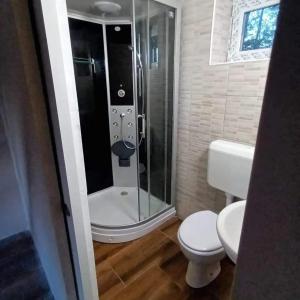 ein kleines Badezimmer mit Dusche und Toilette in der Unterkunft LAKE FISHING Resort in Lukinić Senovec