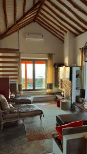 een grote woonkamer met 2 bedden en een groot raam bij Casa Baleia Laranja Ocean-Front in Cabeço Chão