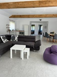 a living room with a couch and a table at Cottage Bytheriver in Arpaşu de Sus