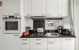 a small kitchen with white cabinets and a sink at Chalet Luv in Süsel