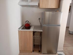 a kitchen with a stainless steel refrigerator in a room at Olive Tree Villa in Paleokastritsa +21 photos