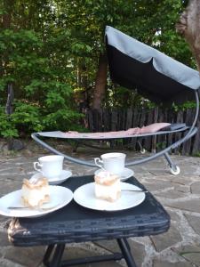 two slices of cake on a picnic table with two cups at Małopolskie Swojskie in Olszyny