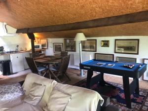 a living room with a pool table and a kitchen at haras de la Cère et ses chevaux in Polminhac