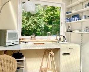 a kitchen with a window and a counter with a microwave at Studio im Haus Amselgarten in Kolonie Tannenhof