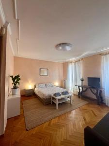 1 dormitorio grande con 1 cama y 1 mesa en Residenza Vernato, en Biella