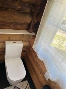 a toilet in a log cabin with a window at Panga Sauna Hut in Lähtru +6 photos