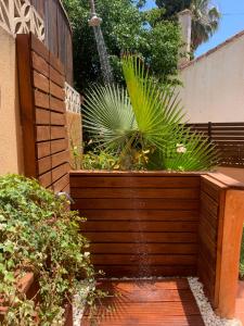 a garden with palm trees and a water fountain at Apartamento con jacuzzi y terraza con opcion a Piscina Privada in Almuñécar