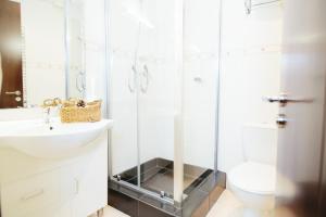 a bathroom with a glass shower and a toilet at Hotel Superski in Cavnic