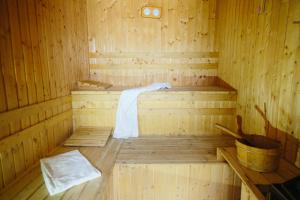 a wooden sauna with a wooden floor and a tub at Hotel Superski in Cavnic
