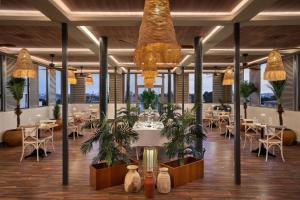 罗安达Protea Hotel by Marriott Luanda的摆放着桌椅和盆栽的餐厅