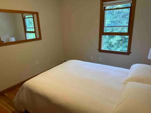 a bedroom with a white bed and a mirror at Boston Single Family House - 19' Train to Back Bay in Boston