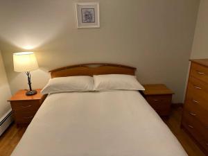 a bedroom with a bed with a wooden headboard and a lamp at Boston Single Family House - 19' Train to Back Bay in Boston