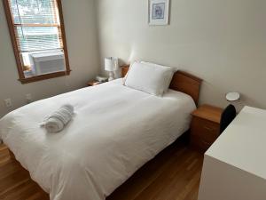 a bedroom with a white bed and a window at Boston Single Family House - 19' Train to Back Bay in Boston