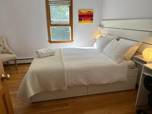 a bedroom with a bed and a chair and a window at Boston Single Family House - 19' Train to Back Bay in Boston